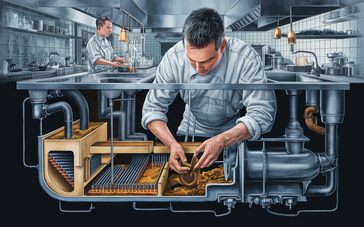 An image depicting a commercial kitchen staff member carefully maintaining and cleaning a large grease trap system, surrounded by various equipment and piping labeled with grease trap regulations and compliance guidelines.