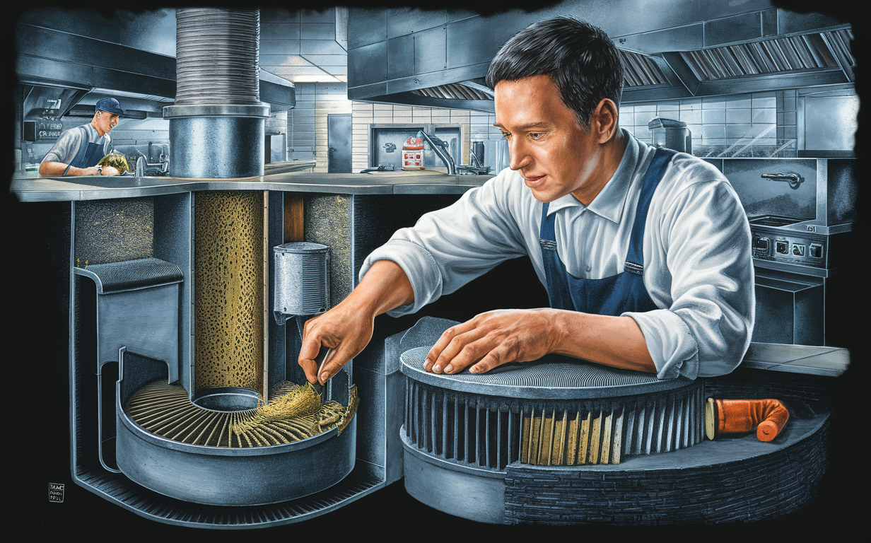 A detailed illustration of a commercial kitchen staff member carefully cleaning and maintaining a grease trap unit, ensuring compliance with regulations and proper disposal of fats, oils, and grease from the kitchen operations.