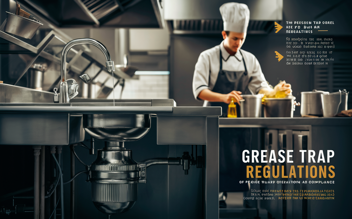 A chef working in a commercial kitchen with a grease trap system installed, highlighting the importance of following grease trap regulations for proper operation and compliance.