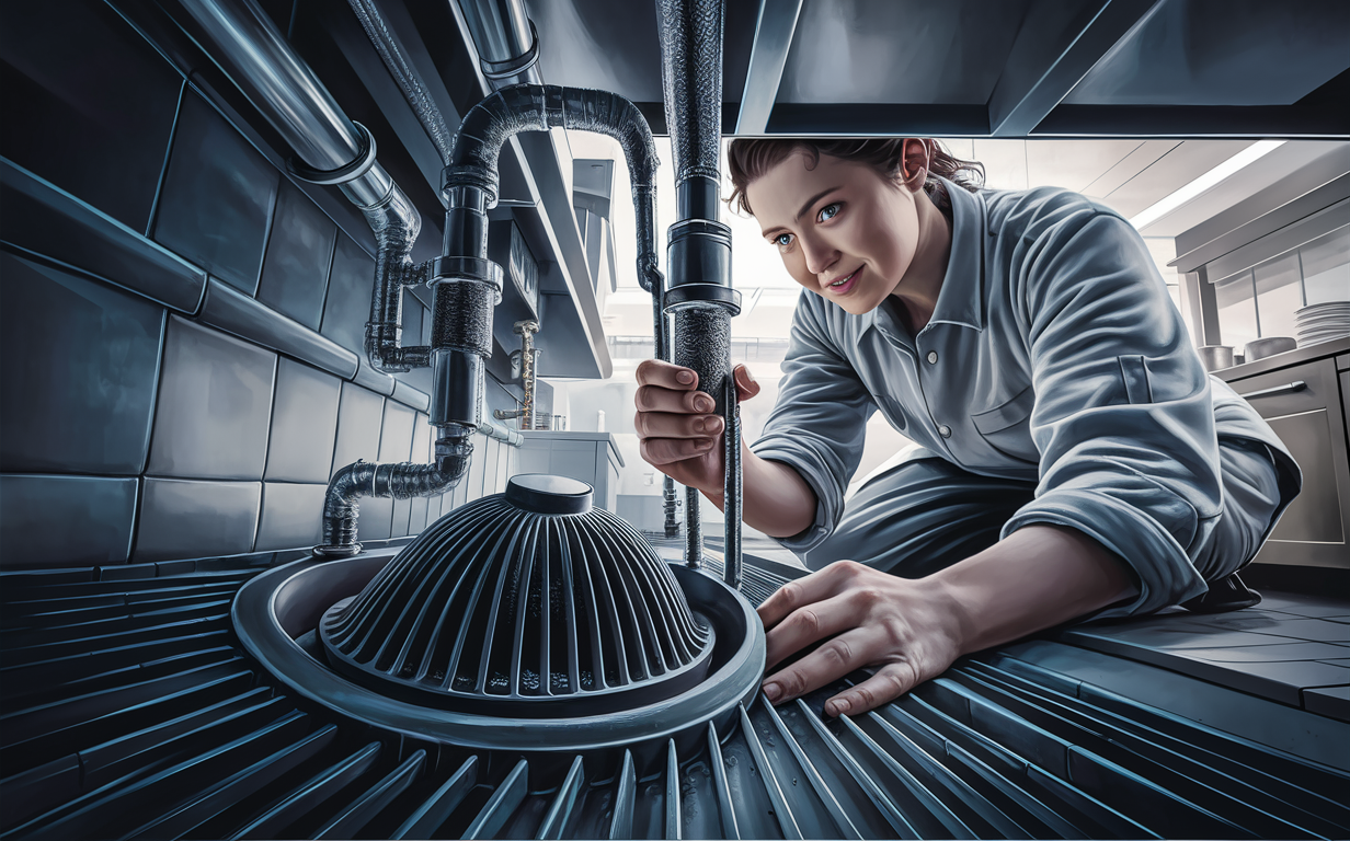 A technician in a blue uniform inspecting and working on installing a large industrial grease trap with intricate piping systems in a commercial kitchen setting.