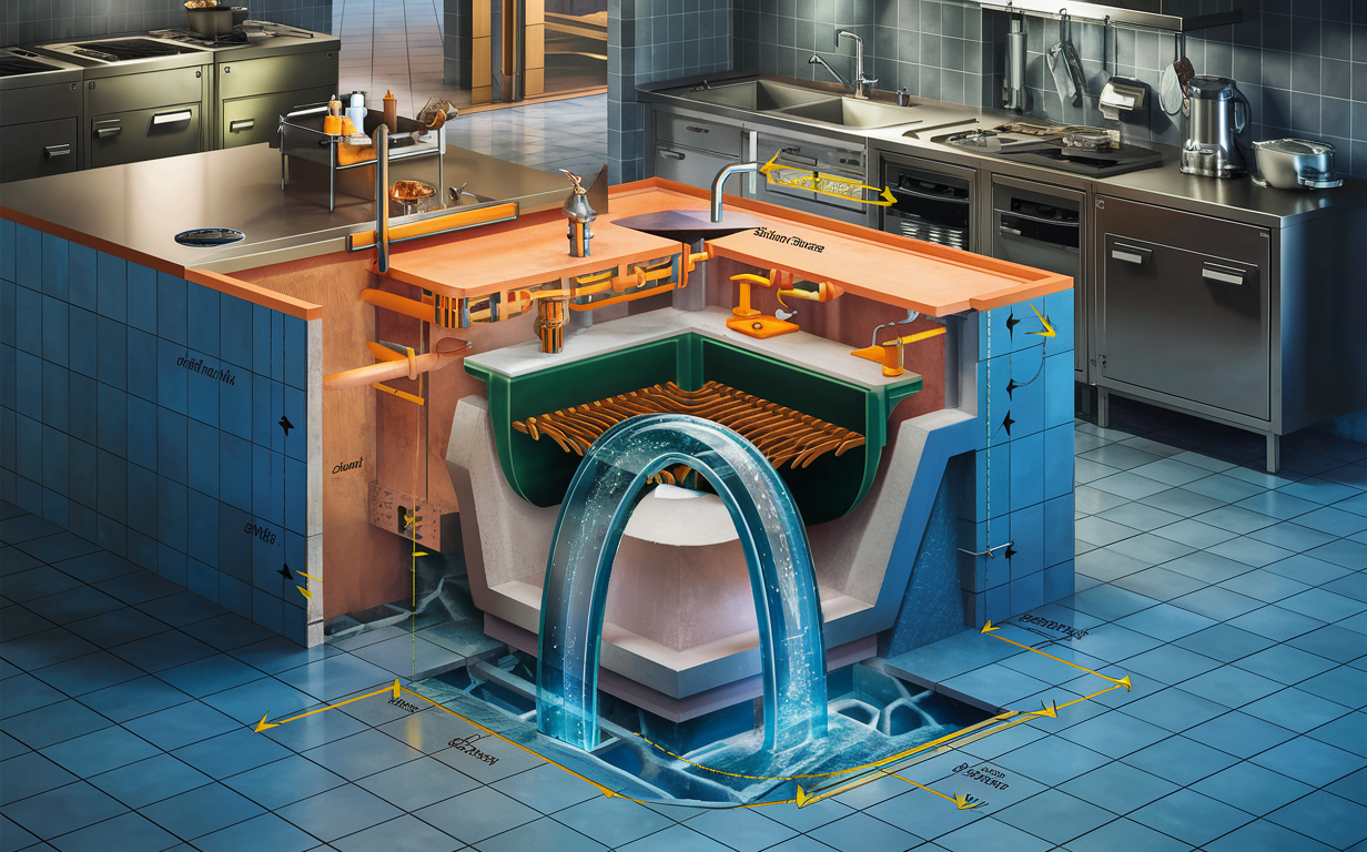 Detailed illustration of a grease trap system for a commercial kitchen, showing the internal components, piping, and labels explaining its operation