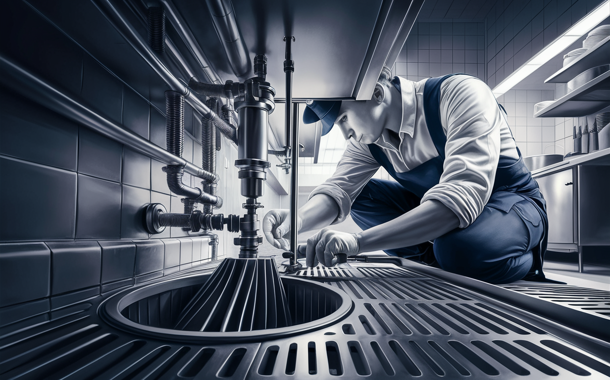 A skilled plumber meticulously working on installing or maintaining a large commercial grease trap in a tiled utility room, with pipes and fixtures visible in the background.