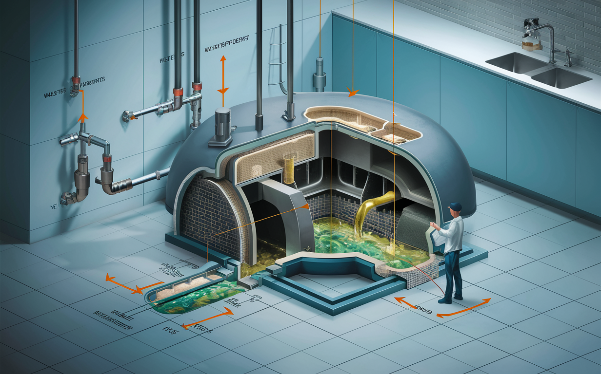 A detailed cutaway diagram illustrating the components and installation of a commercial grease trap system, including the waste streams, piping, grease trap chamber, and a worker monitoring the system.