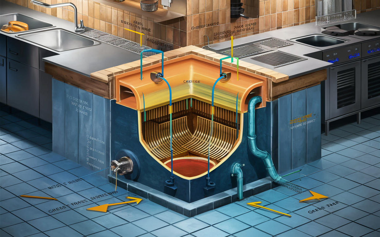 A skilled plumber wearing a blue uniform carefully installs a large stainless steel grease trap system in a commercial kitchen, following technical diagrams and using specialized tools to ensure proper sizing and setup for efficient grease capture and drainage.