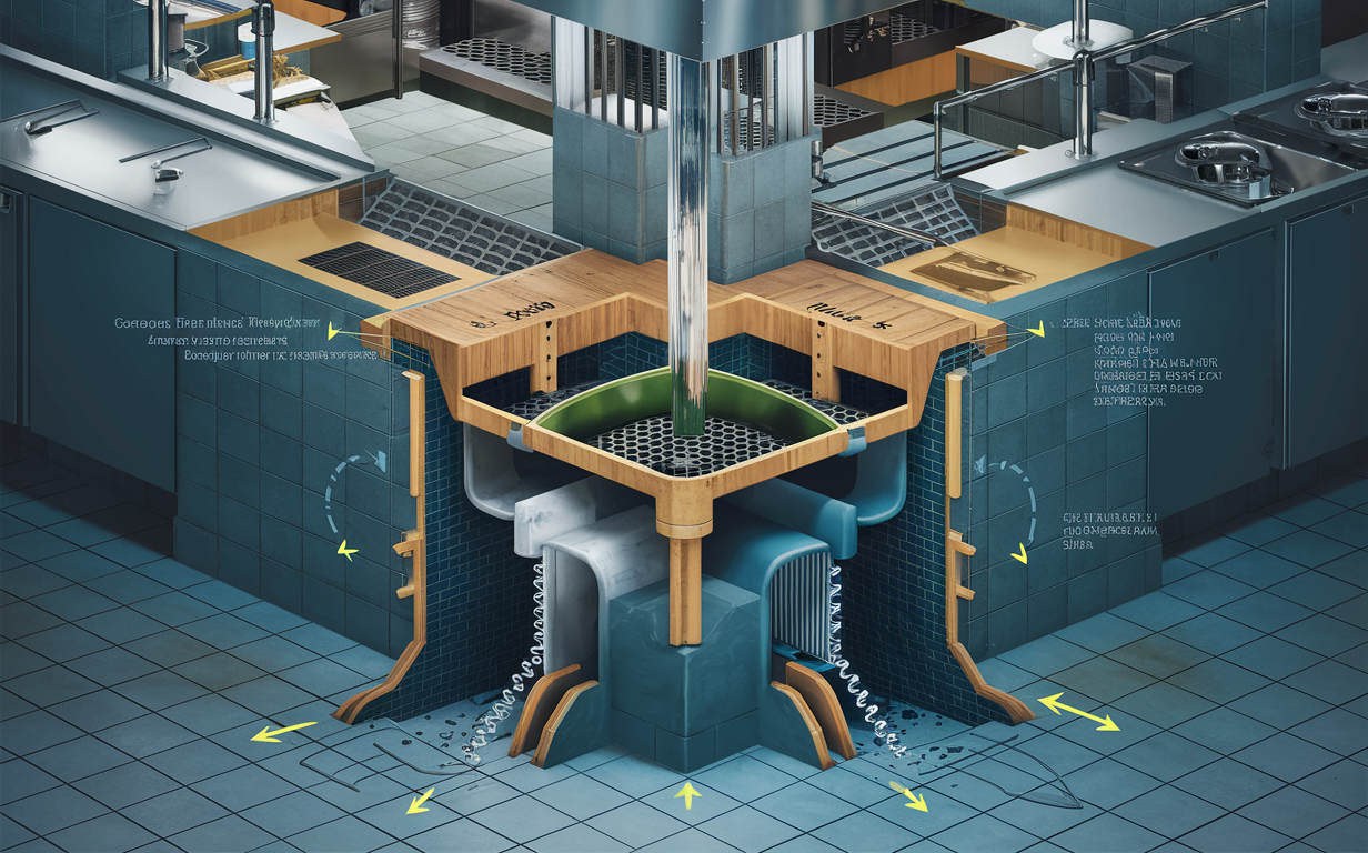 A detailed cutaway diagram illustrating the components and installation of a large commercial grease trap system in an industrial kitchen setting, with labels indicating parts like the solids interceptor, outlet pipe, and grease removal zone.