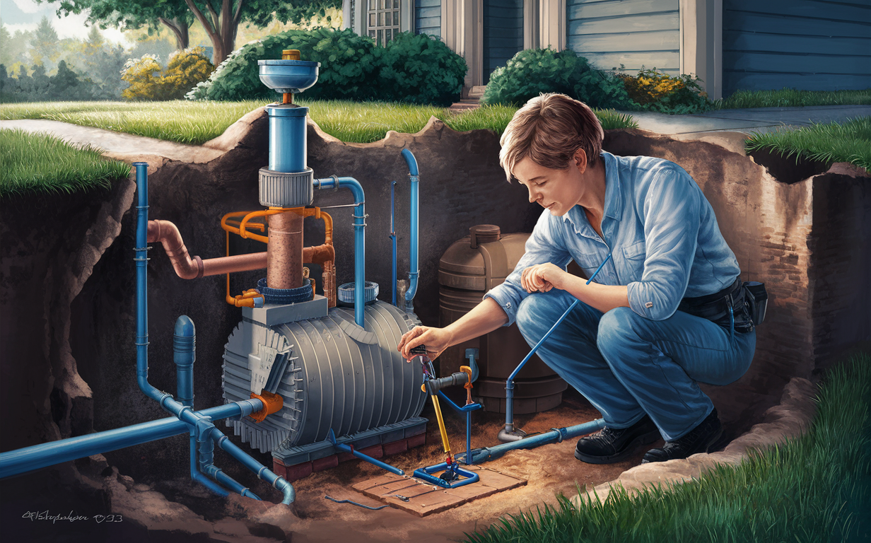 An illustration of a technician wearing work overalls, crouching down and using a camera to inspect the inner workings of a transparent septic tank system, with various components like pipes, a filter bed, and an aeration system visible.