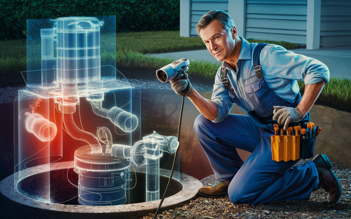 An experienced septic system technician crouched near a transparent 3D diagram of a septic tank, using diagnostic tools to troubleshoot and analyze the system in a residential setting.