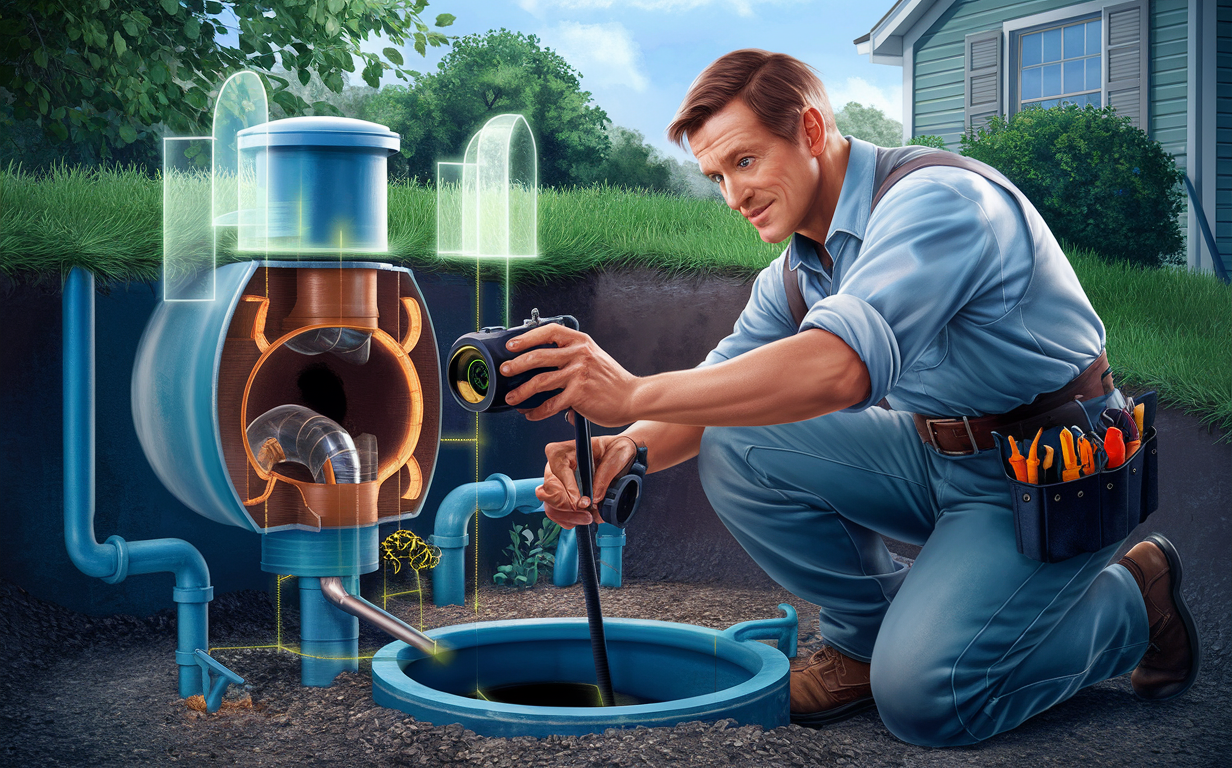 An illustration depicting a technician troubleshooting and diagnosing a septic system, with detailed visuals of various components like the septic tank, drain field, and microbial activity.