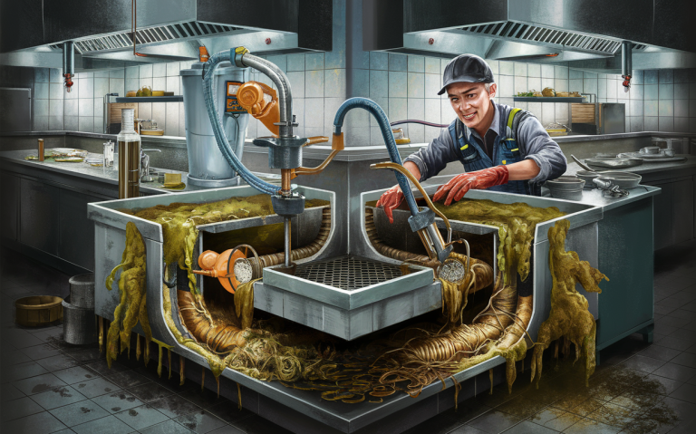 A restaurant employee wearing protective gear is shown maintaining and cleaning a large industrial grease trap filled with greasy wastewater from the kitchen. The image depicts the behind-the-scenes work required to efficiently operate and maintain the grease trap system in a commercial kitchen setting. restaurant grease trap pumping