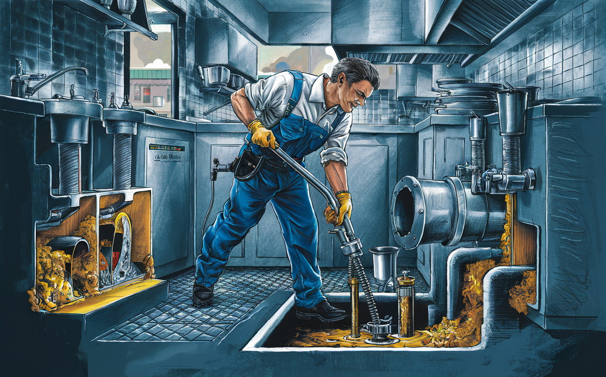 A man wearing a uniform is using a hose to clean out a grease trap in a commercial restaurant kitchen filled with stainless steel appliances and cooking equipment.