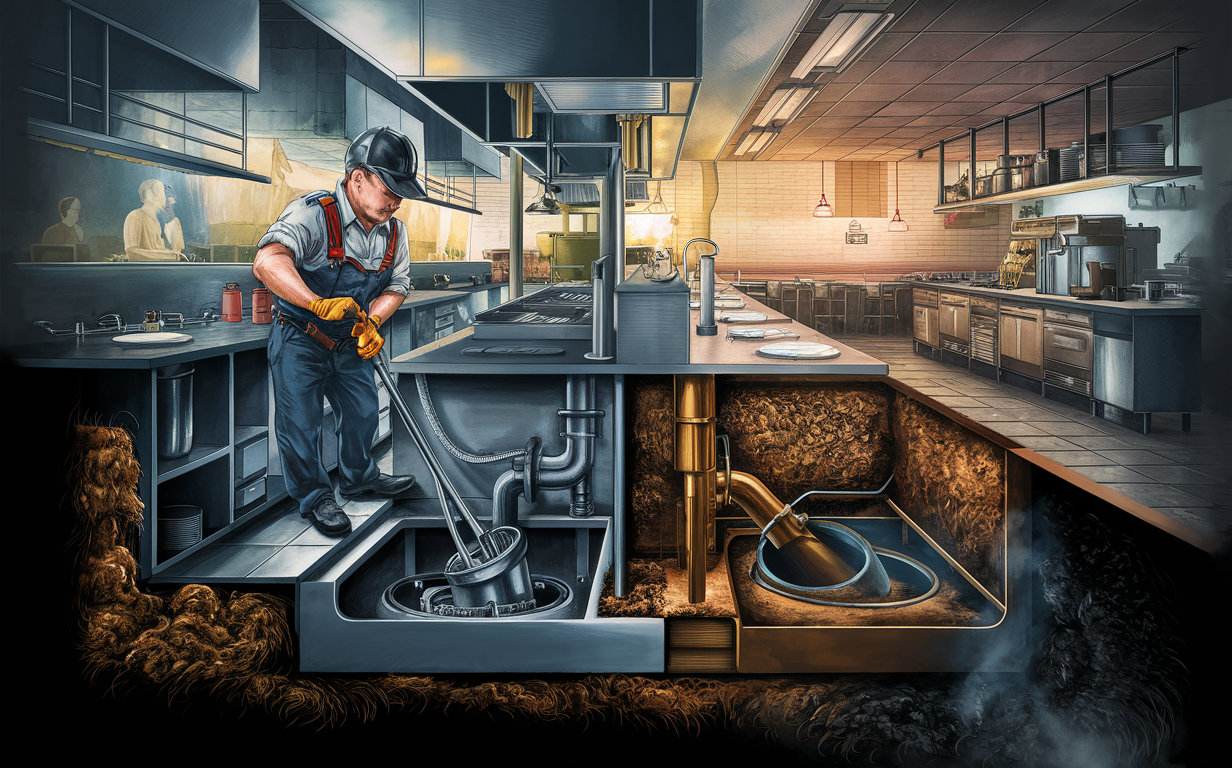 A plumber maintaining a grease trap in a large commercial kitchen