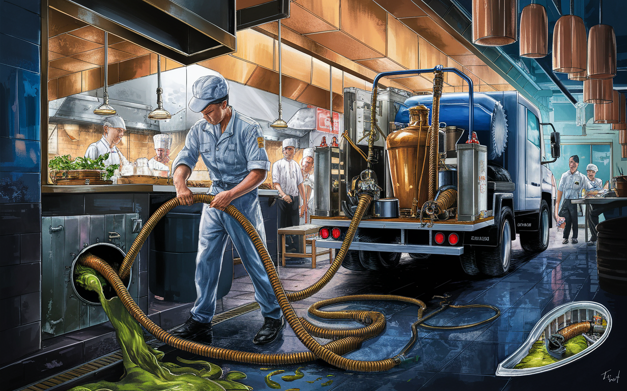 Workers in a restaurant kitchen pumping out grease from the grease trap into a truck with a copper still, showcasing an efficient process for maintaining kitchen cleanliness and environmental compliance. Grease trap pumping for restaurants