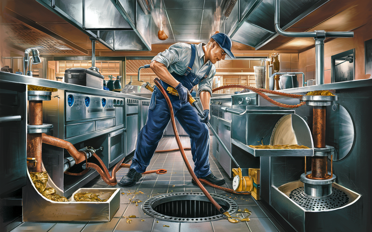 An illustration of a worker in overalls and protective gear using a pressure washer to clean out a large grease trap filled with food waste and grease in a commercial kitchen setting.