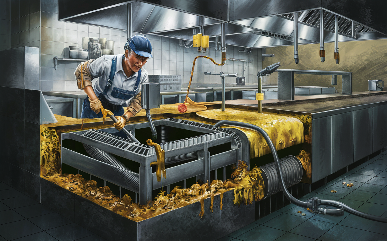 An image depicting a kitchen worker in a restaurant maintaining and cleaning a large commercial grease trap filled with used cooking oil and debris, using industrial hoses and equipment.