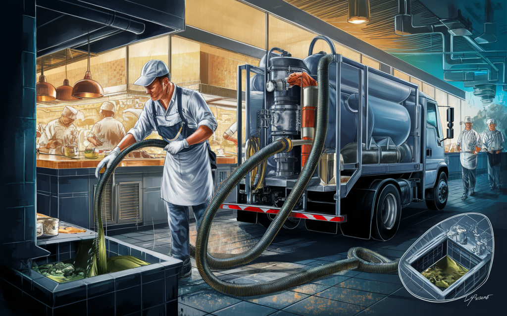 A worker in a kitchen is using a hose to pump out a grease trap while a specialized truck is connected to the hose outside, depicting an efficient grease trap pumping service for restaurants.