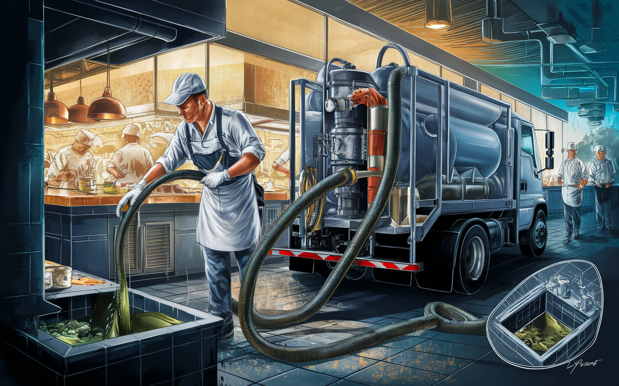 An illustration depicting professional workers in a restaurant kitchen pumping and maintaining the grease trap, with a truck connected to the grease trap system for removal and disposal of cooking oils and grease.