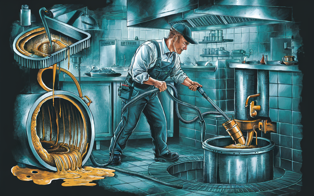 An illustration of a restaurant kitchen worker cleaning a grease trap, with a large coiled hose suctioning out waste oil from a metal drum into a tiled grease trap pit. A spiral oven vent and other kitchen equipment are visible in the background.