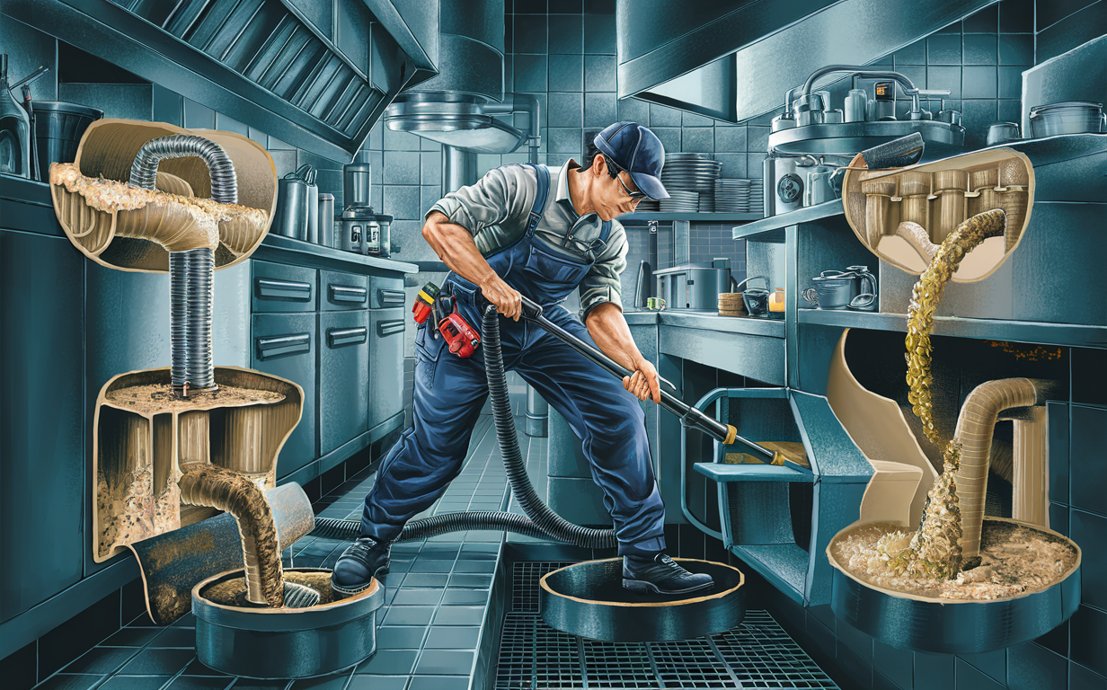 A restaurant worker in uniform is using a powerful vacuum hose to clean out large grease traps filled with food waste and grime in a commercial kitchen setting, maintaining proper hygiene and plumbing function.