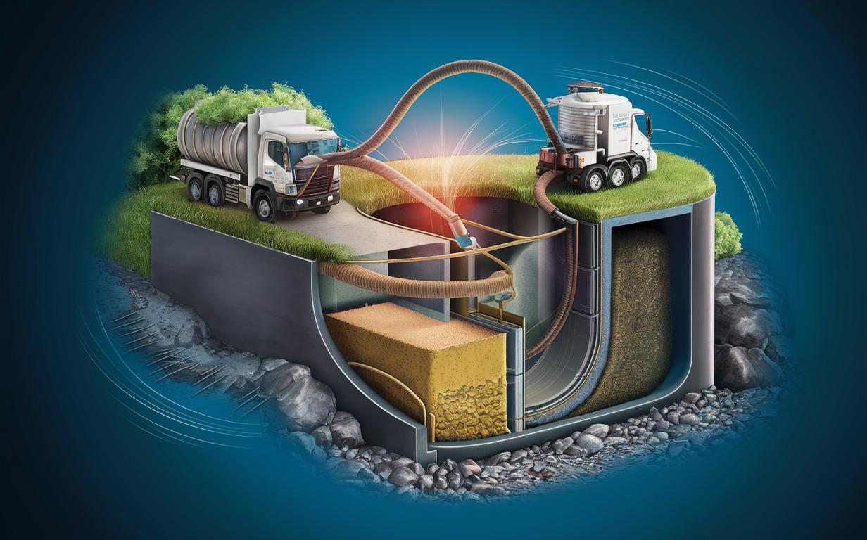 An illustration showing the septic system pumping process, with trucks transferring waste from a septic tank to a treatment facility through an underground pipe system.