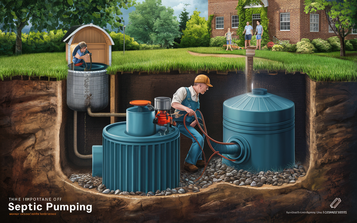 An illustration showing a septic service worker pumping and maintaining underground septic tanks, contrasted with a serene residential scene with a family enjoying their yard and a dog house.