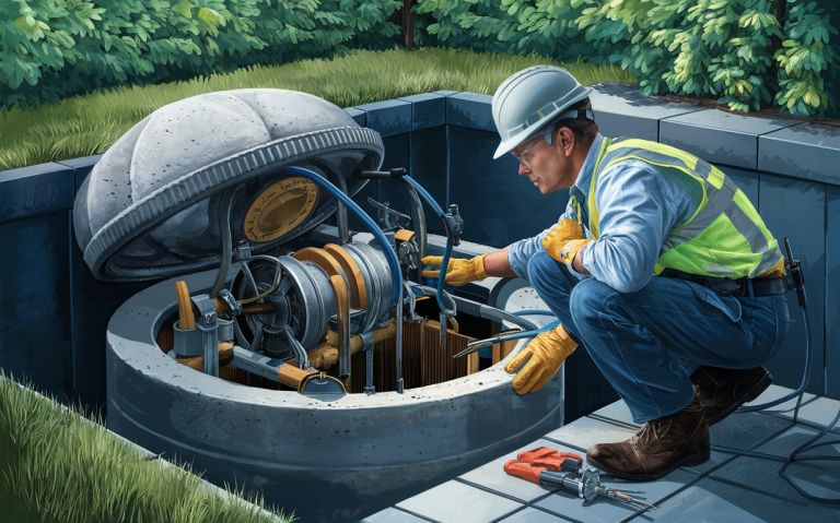 A technician wearing protective gear is performing maintenance on a septic system, inspecting the internal components and mechanisms.Septic repair and troubleshooting