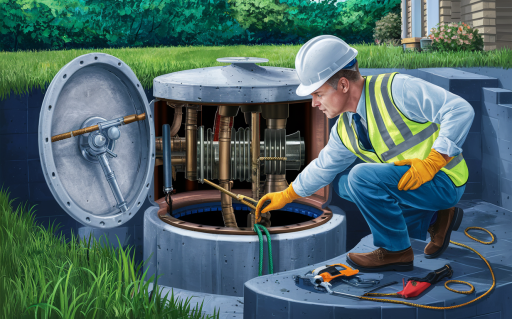 A worker wearing safety gear inspecting and maintaining a septic tank system with tools nearby in a grassy outdoor setting