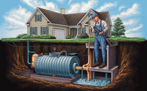 An illustration depicting a worker inspecting and maintaining a residential septic tank system, highlighting the necessity of regular septic cleaning and upkeep for proper functioning.