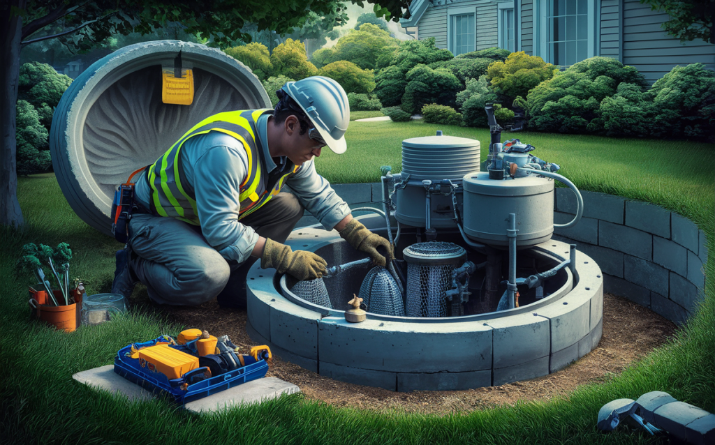 A worker wearing a hardhat, safety vest, and gloves is inspecting the internal components of an opened septic tank system, with tools and equipment nearby in a grassy outdoor setting.