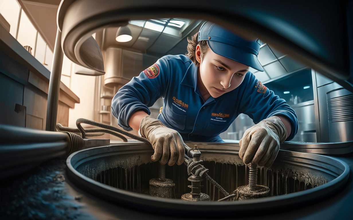 A worker in uniform cleaning a grease trap in a commercial kitchen