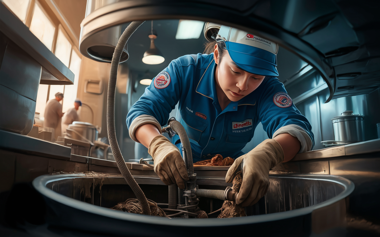 An illustration of a worker in uniform using a vacuum hose to clean out a grease trap in a tiled commercial kitchen, surrounded by stainless steel appliances and fixtures.