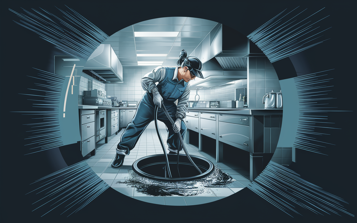 An illustration of a worker in protective gear pumping out a grease trap in a commercial kitchen setting