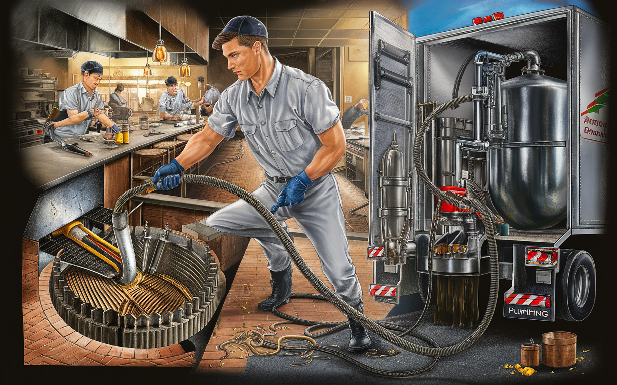 An illustration depicting two workers in blue overalls efficiently pumping and cleaning grease traps in an industrial setting, showcasing the process of grease trap pumping services.