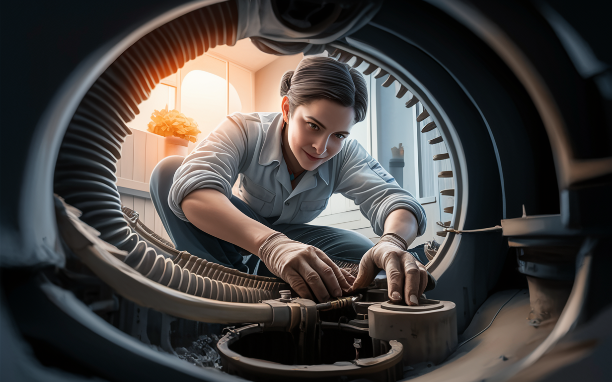 An illustration of a technician working on the maintenance of complex industrial machinery or equipment, surrounded by pipes and mechanical components in an industrial setting.