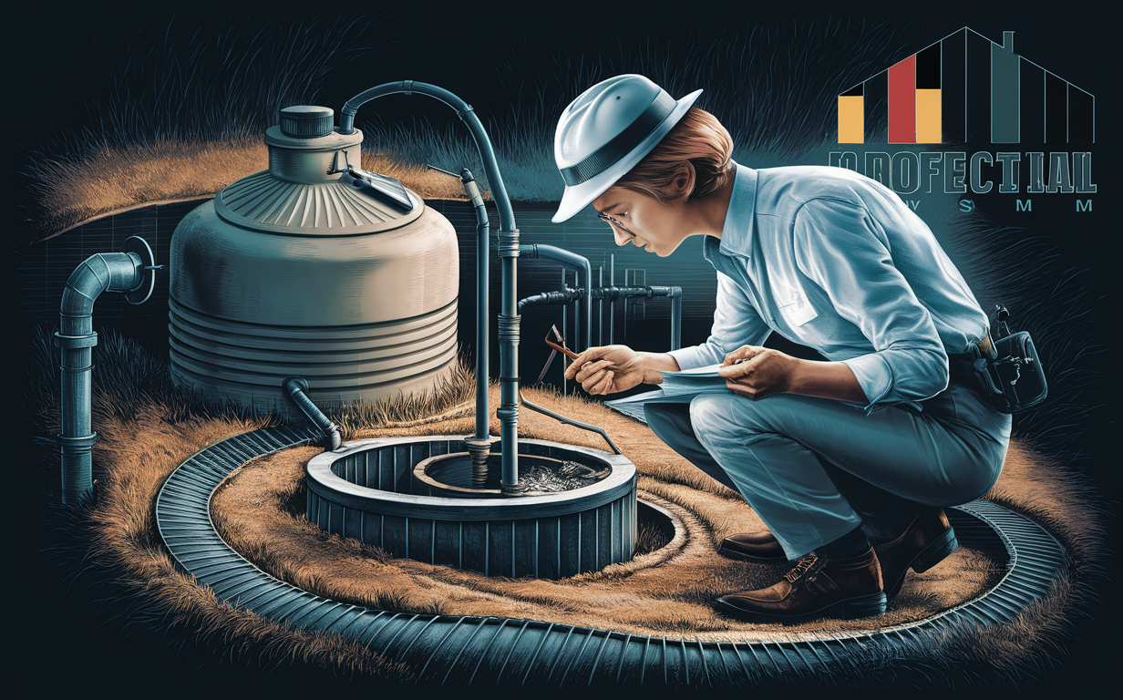 An illustration depicting a technician inspecting a septic system, surrounded by tools and equipment on a grassy field with a building in the background.