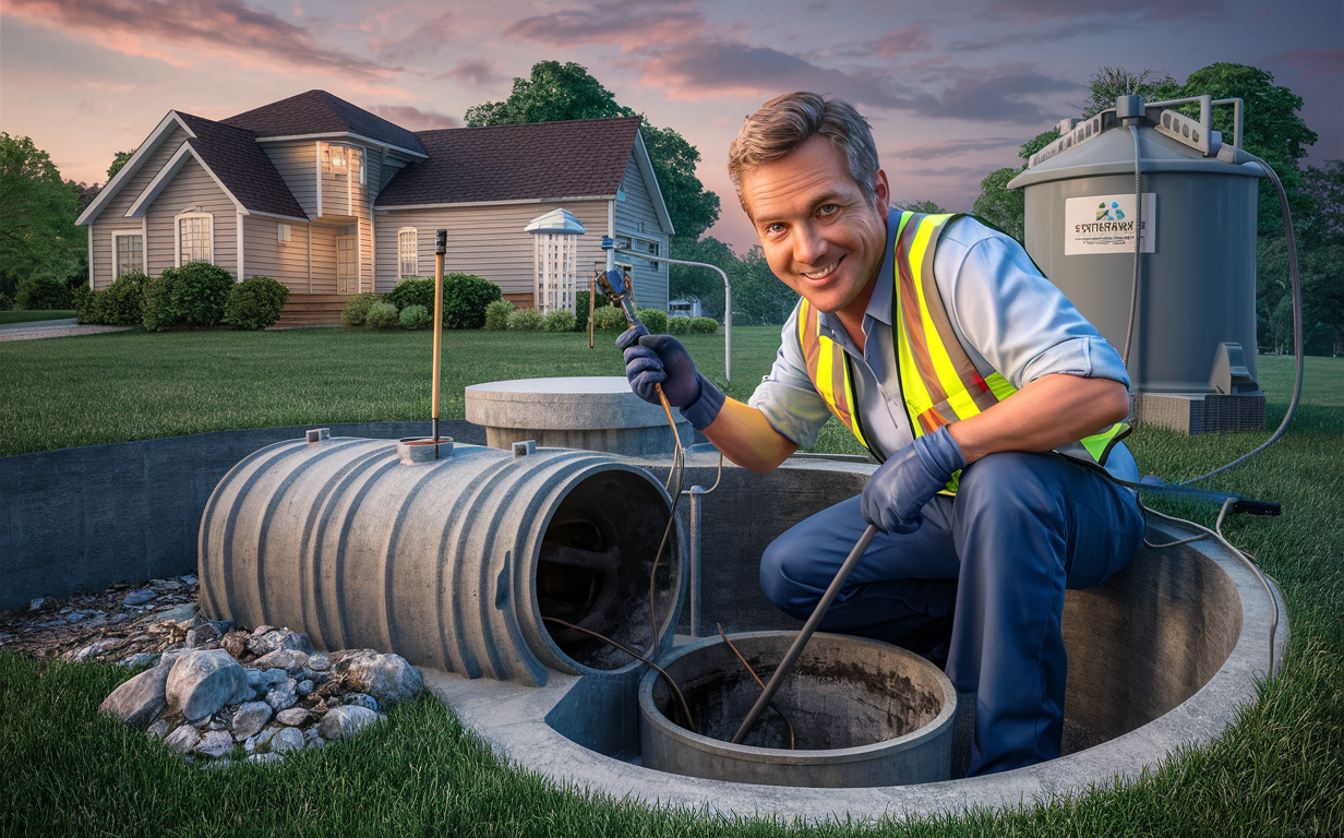 An illustration depicting a worker inspecting and maintaining the components of a septic system, including the septic tank, pipes, and drainage field, with tools and documentation visible.