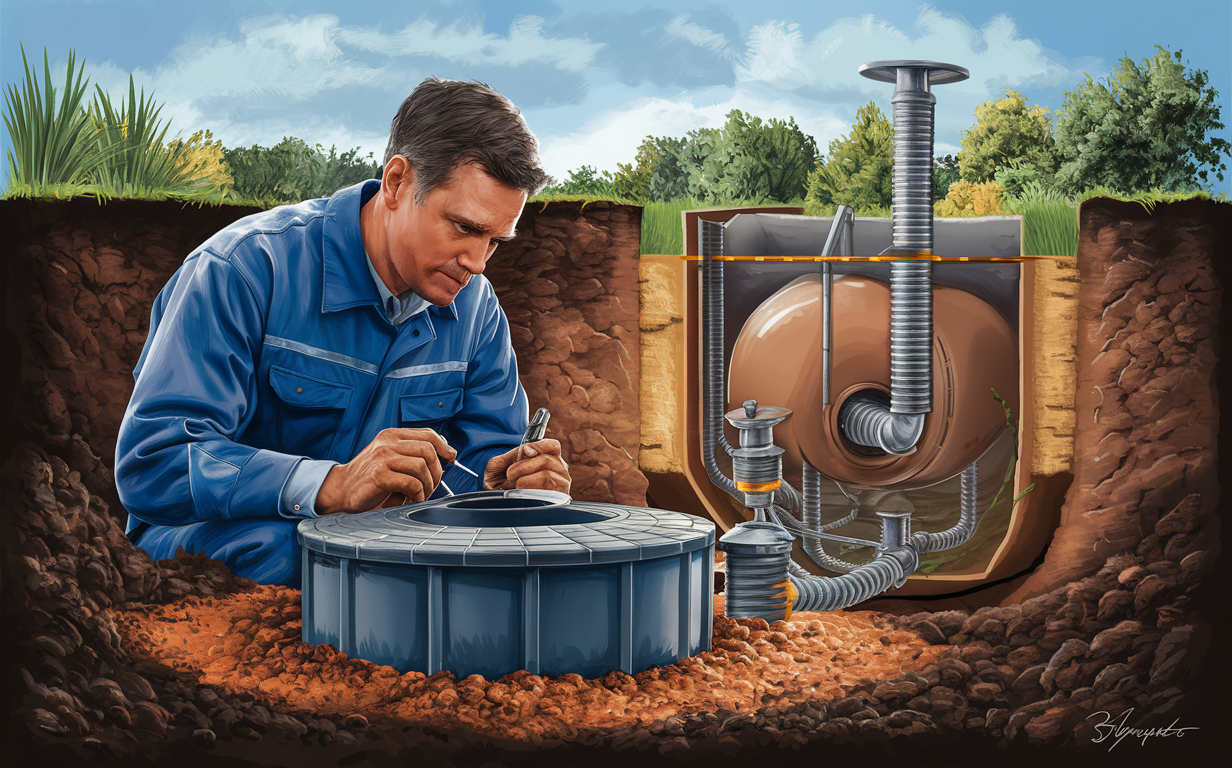 A technician in a blue workwear inspecting and taking notes on a septic tank system installed in a residential yard with landscaping and pipes visible