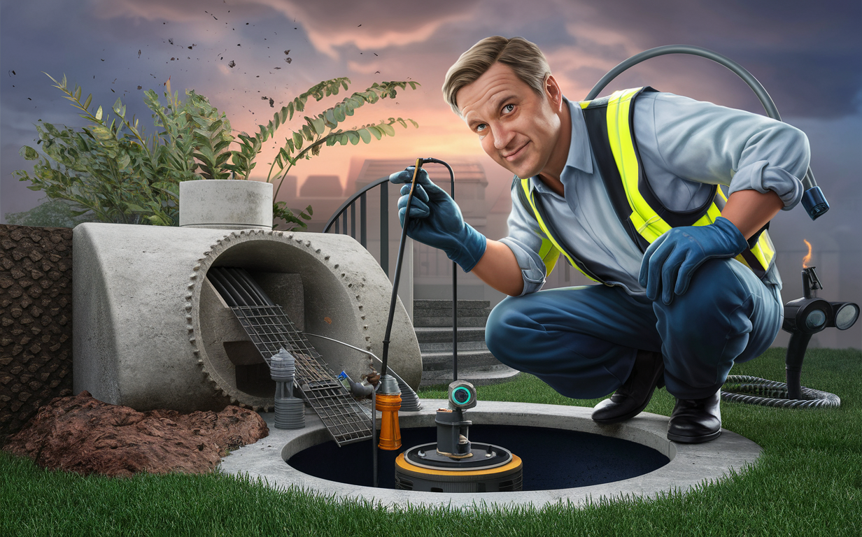 A smiling professional service provider in a safety vest inspects a residential septic tank system near a suburban home, ensuring compliance with regulations.