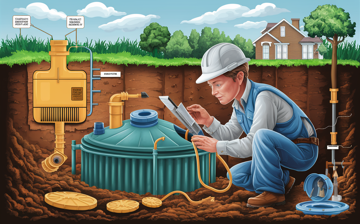 An illustration of a professional inspector examining a septic tank system, with a concrete pipe and manhole cover visible, surrounded by grass and plants in a residential backyard setting with a cloudy sunset sky.