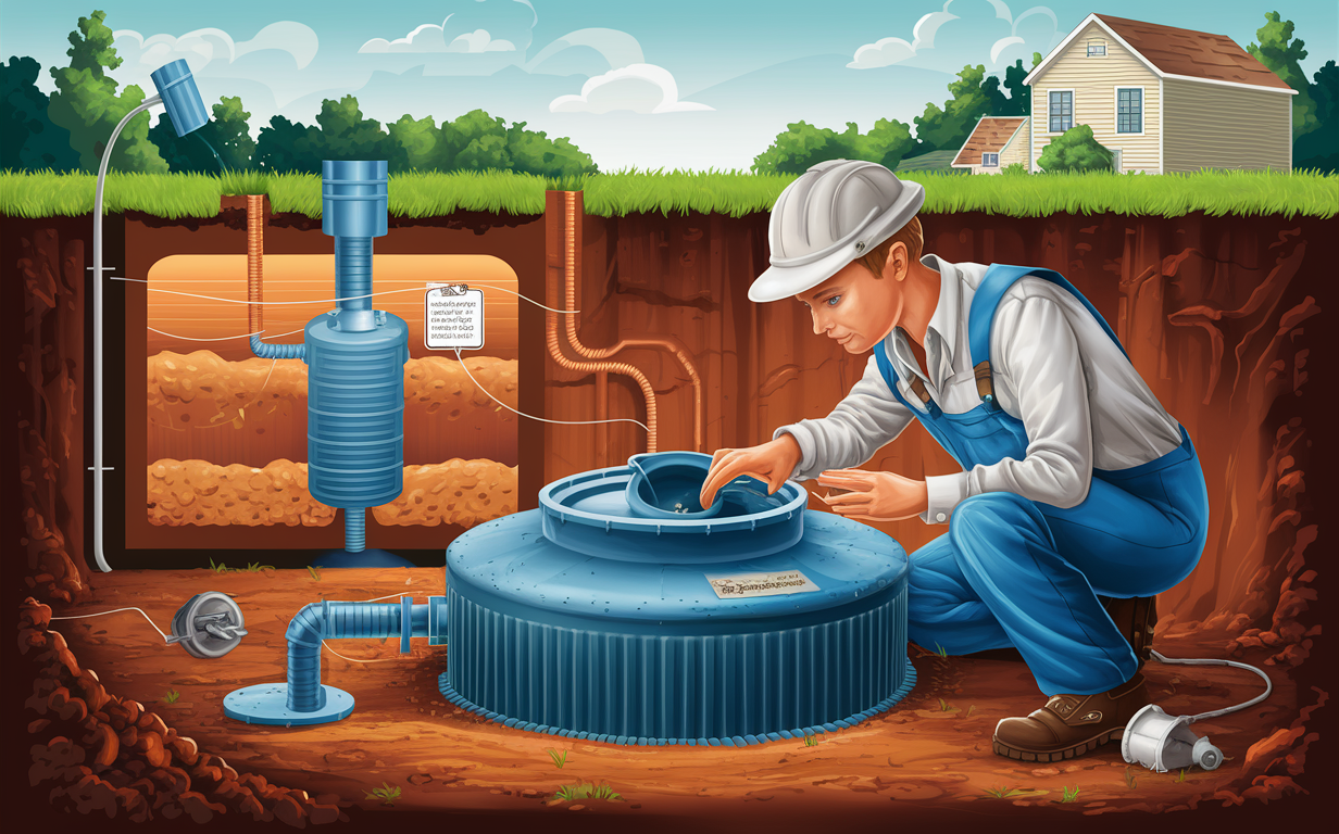 An illustration showing a worker inspecting and maintaining a septic tank system, including pipes and a septic tank buried underground, with a residential house in the background.