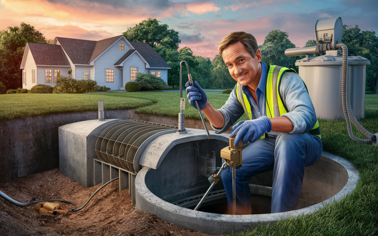 A service technician in a high-visibility uniform inspects and services a residential septic system located in the yard of a large suburban home.