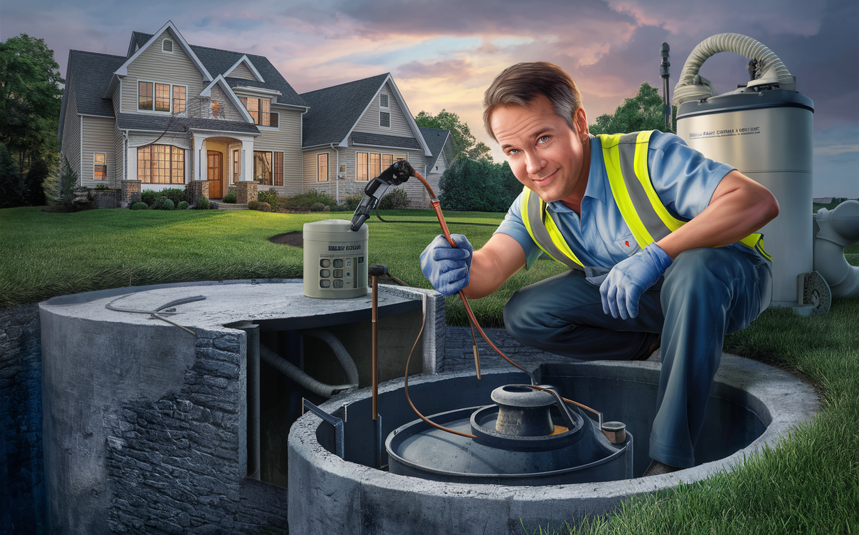 A professional technician in a safety vest inspecting and maintaining a residential septic system, ensuring proper functionality and compliance with regulations.