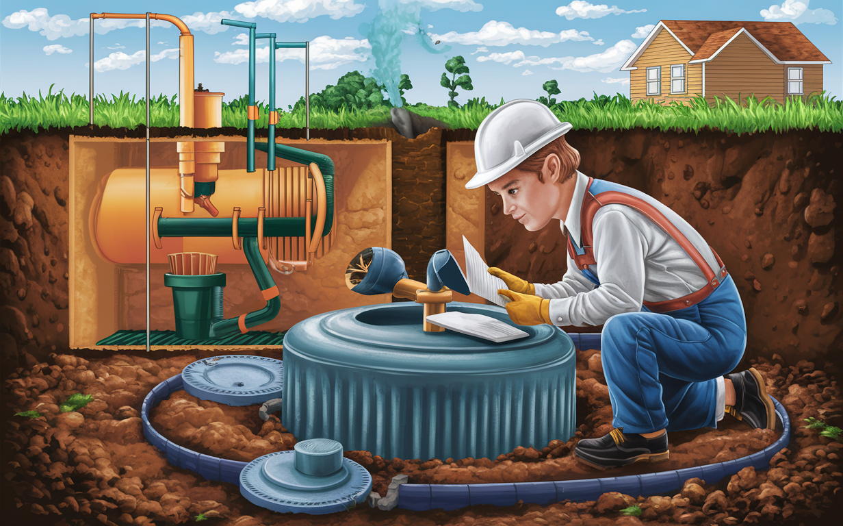 An illustration depicting a person inspecting and maintaining a residential septic system, highlighting the importance of adhering to septic inspection requirements and regulations to ensure proper functioning and environmental protection.