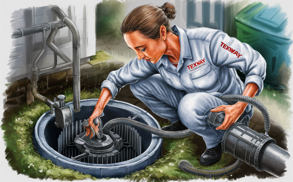 An illustration of a Texway employee in uniform kneeling down and using a hose to service a grease trap, with industrial buildings in the background.