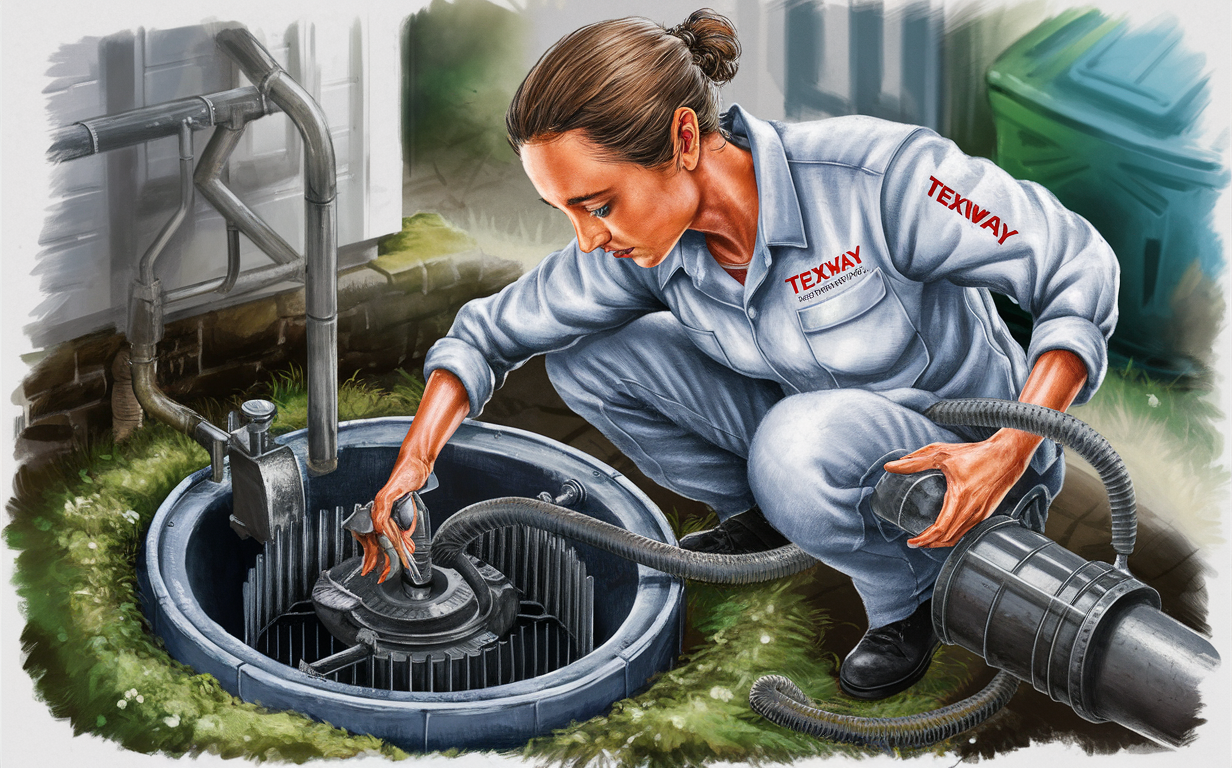 An illustration of a Texway employee in uniform diligently servicing a large grease trap, representing the company's expertise in septic and grease trap services.