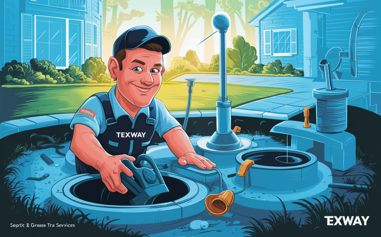 An illustration of a smiling Texway service technician servicing septic and grease trap systems in a residential neighborhood setting.timely and reliable septic and grease trap service