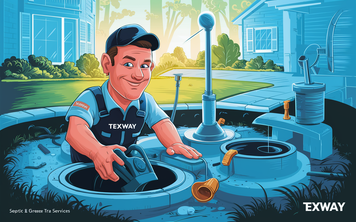 An illustration of a friendly Texway service worker maintaining septic tanks and grease traps in a residential neighborhood setting