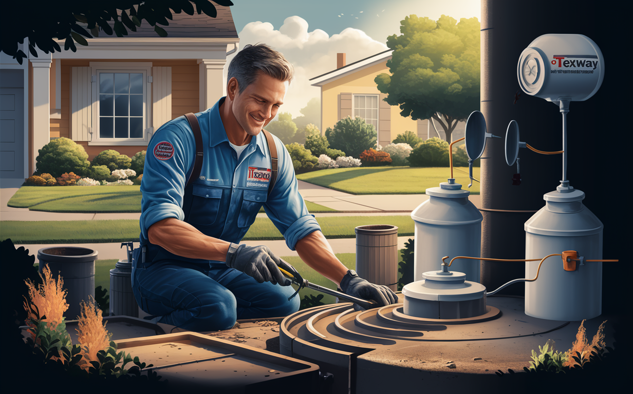 An illustration of a smiling Texway technician servicing a septic system and grease trap in a residential backyard setting with a house in the background.