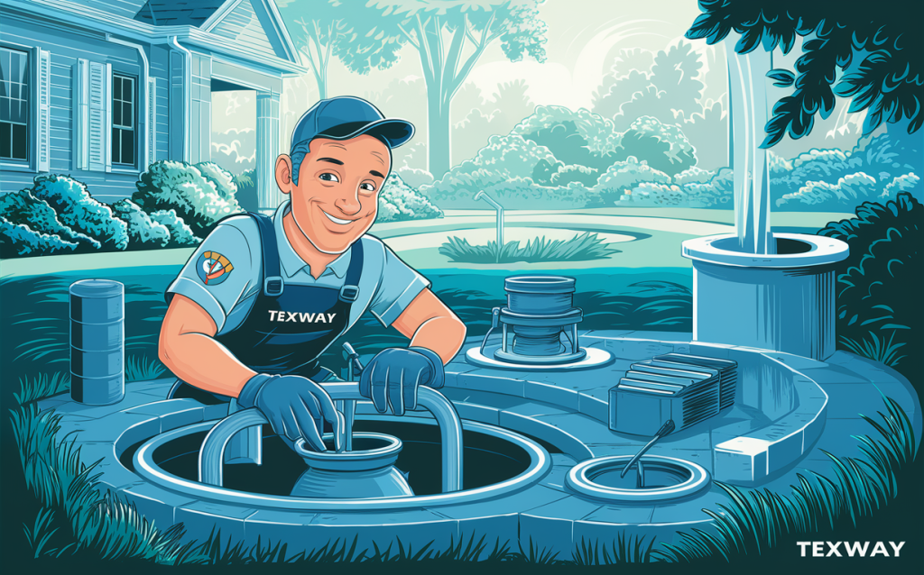 An illustration of a smiling Texway technician servicing and maintaining a residential septic system and grease traps in a well-manicured backyard setting. Septic tank cleaning frequency