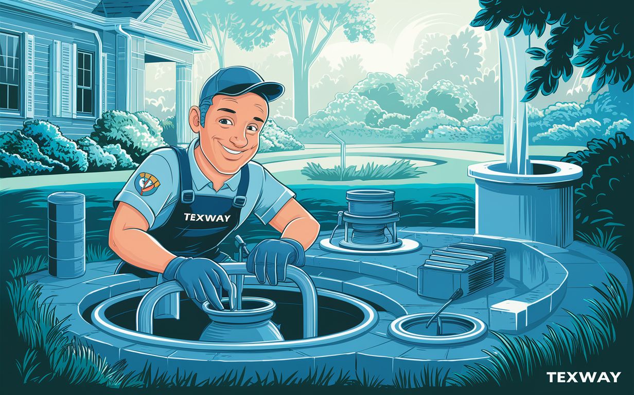 A smiling Texway service professional in uniform working on septic and grease trap equipment in a residential neighborhood setting