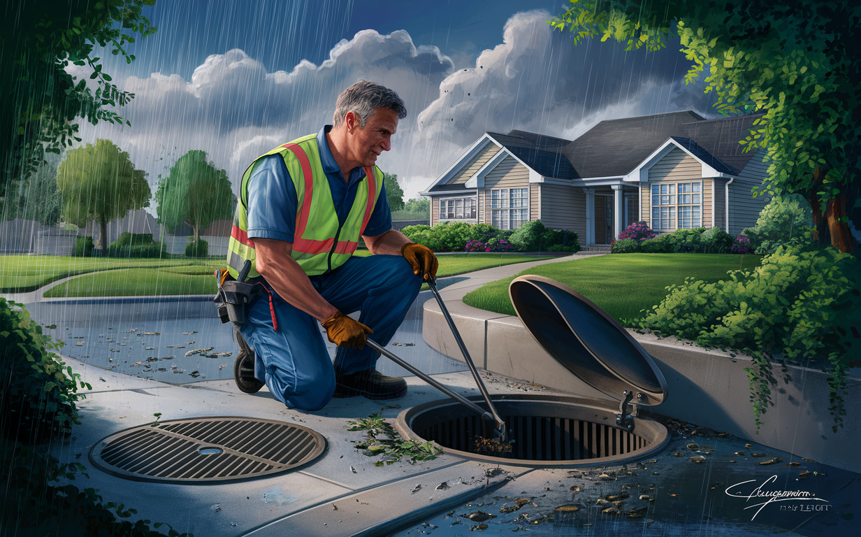 An illustration of a worker in a safety vest raking leaves and debris out of a storm drain catch basin on a residential street, with well-maintained houses and landscaping in the background.